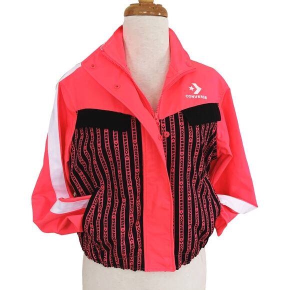 Converse Track Jacket Neon Pink Black Spellout High Neck Zip Up Snap Button Sz S - Picture 1 of 5